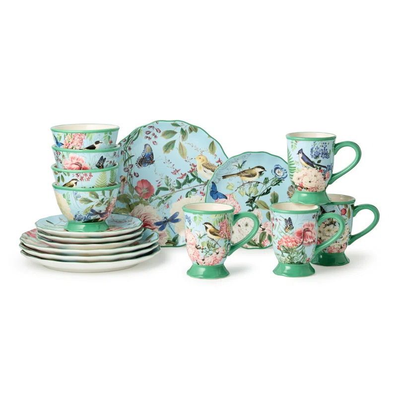 Certified International Flora 16-Piece Dinnerware Set, Service for 4 – Includes Dinner Plates, Dessert Plates, Pedestal Mugs, and Pedestal Ice Cream Bowls with Vibrant Nature-Inspired Floral Designs