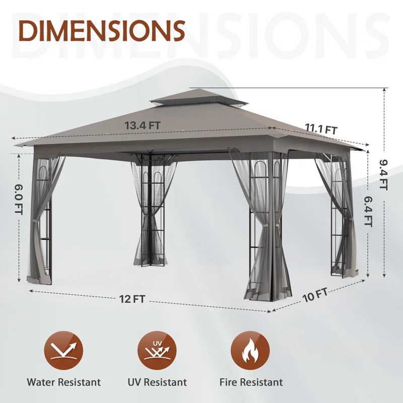 13 Ft. W x 11 Ft. D Steel Patio Gazebo with Netting