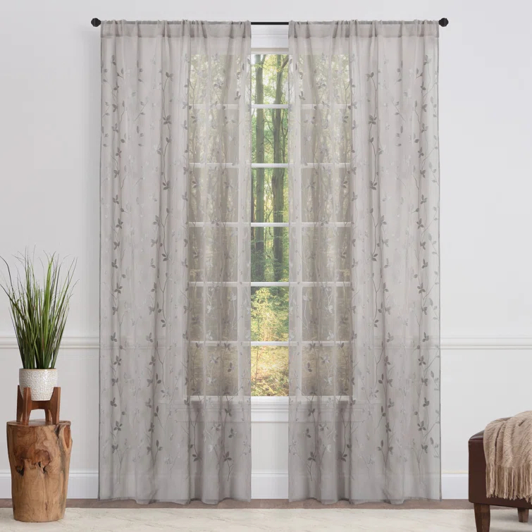 Lark Manor™ Aliaa 2 Panel Vine Leaf Embroidered Textured Sheer Curtain with Rod Pocket