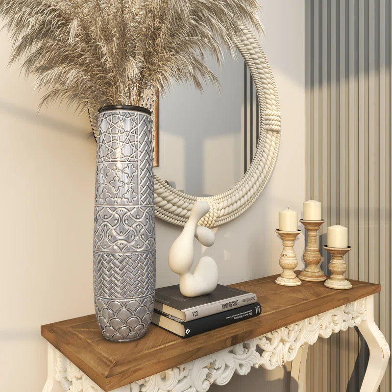 Bungalow Rose Ceramic Slim Engraved Patterned Decorative Gray Vase