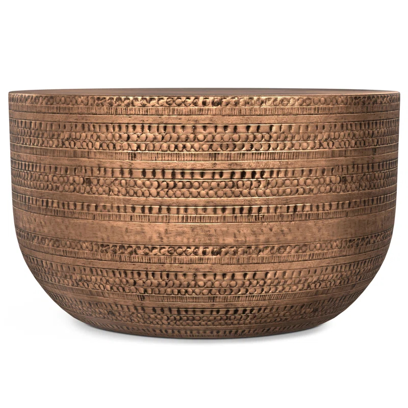 Simpli Home Johnsen 30"W Metal Boho Modern Round Coffee Table with Textured Detail, Assembled