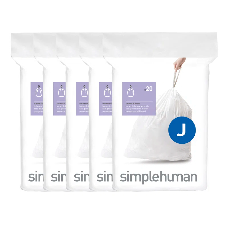 simplehuman simplehuman Code J Genuine Custom Fit Drawstring Trash Bags Dispenser Packs, 100 Count (Set of 5)