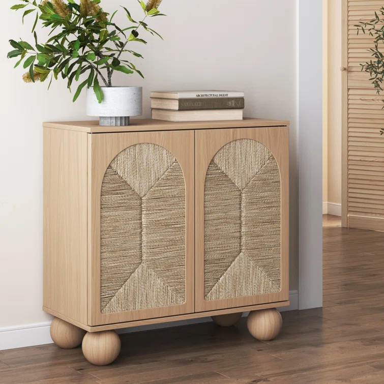 Nathan James Boho Storage Cabinet with Ball-Style Feet and Seagrass Door Panels