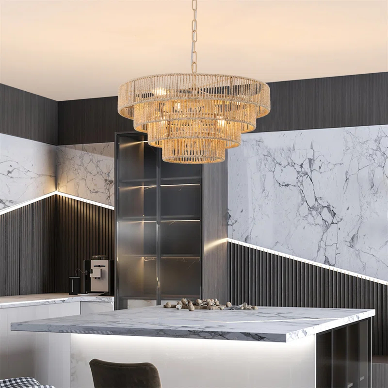 Rosecliff Heights Bohemian style Woven Pendant Light 19.7 Inch Rattan Ligh Large Rattan Pendant Light with 4-Tier Rattan Chandelier--Wood
