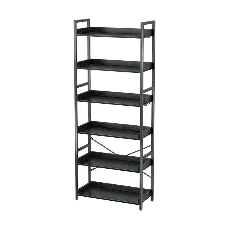 Bookshelf 6 Tier with 4 Hooks, Industrial Bookcase, Vintage Storage Rack with Open Shelves