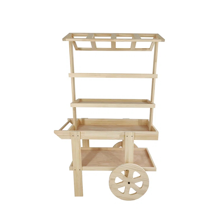 FixtureDisplays Flower Cart Vending Cart Farmers Market County Fair Wagon Wood Stall Stand Rolling Shelf Retail