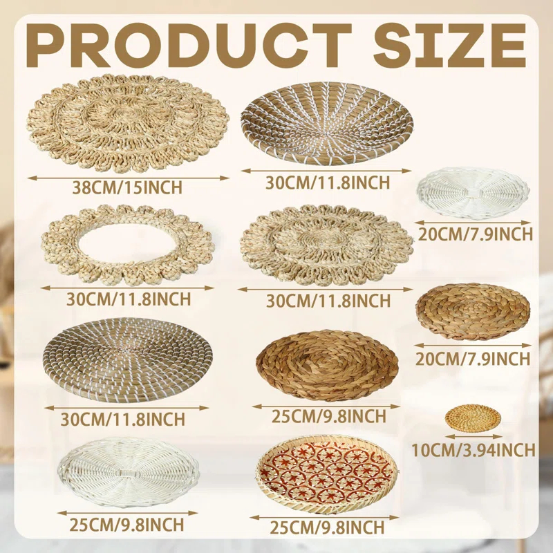 Bungalow Rose Siena 15 Pcs Boho Siena Hanging Woven Sienaative Rustic Handcrafted Seagrass Baskets Round Woven Hanging Art For Home Farmhouse Kitchen Table Living Room