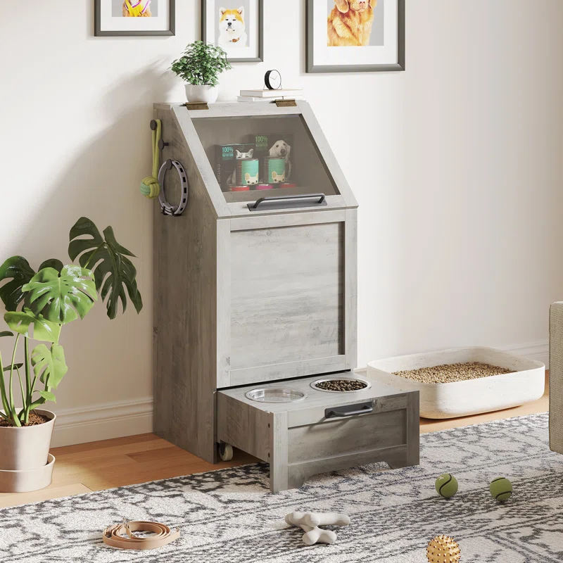 gaomon Dog Feeding Station with Storage Cabinet, 2 Elevated Dog Bowls, Filp Top Dog Food Storage Cabinet Container