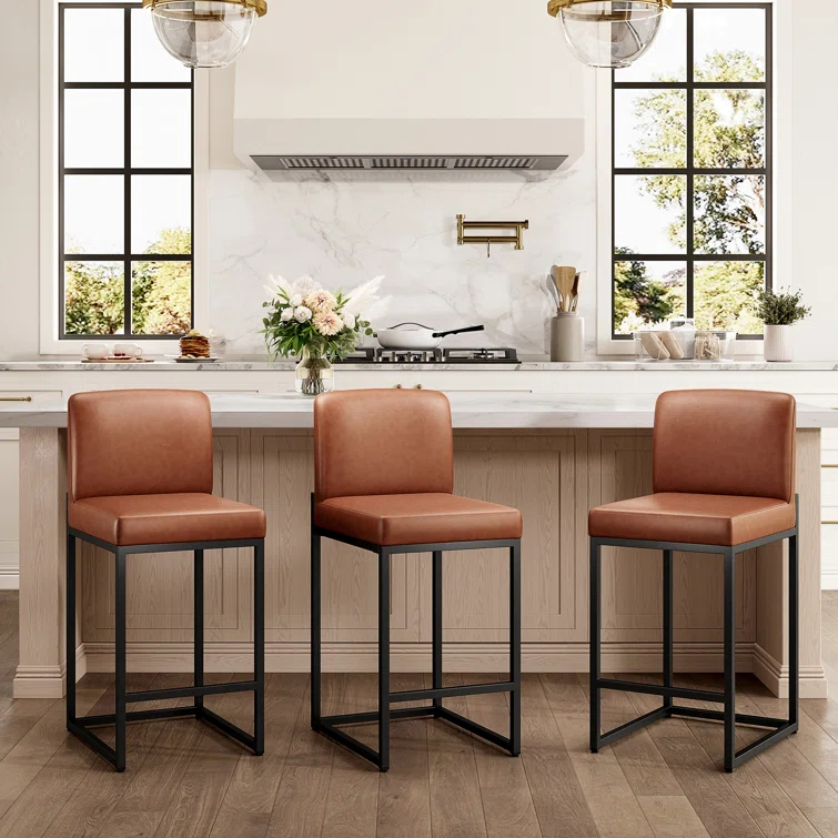 Wade Logan® Catharinus Extra Tall Bar Stool Set - Black Metal Base & Waterproof Faux Leather (Set of 3)