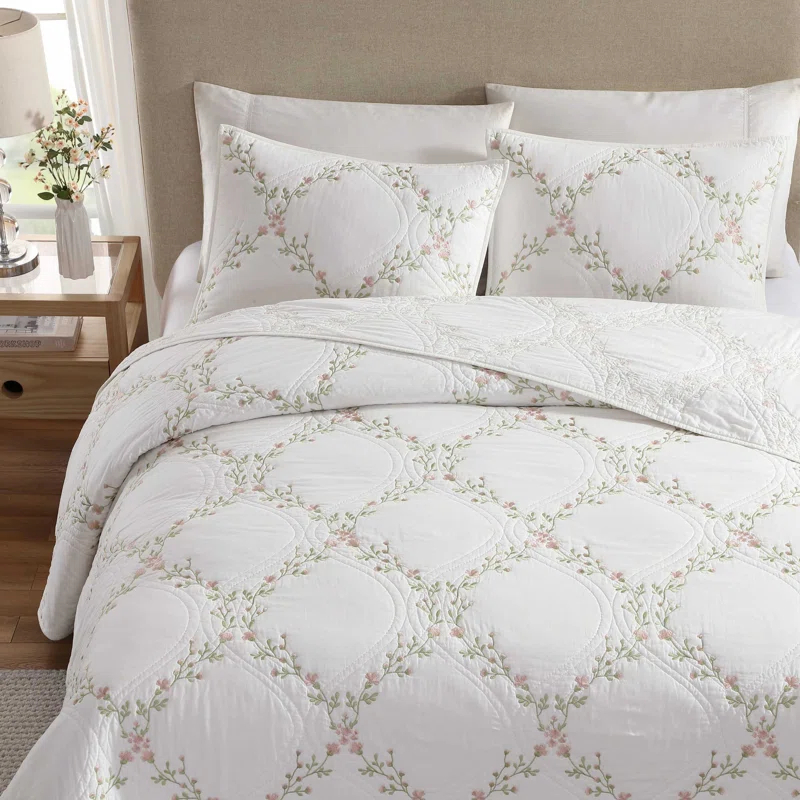 Laura Ashley Laura Ashley Floral Embroidery Cotton Reversible Quilt Set