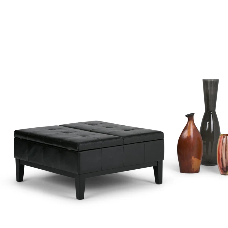 Simpli Home Dover 36"W Upholstered Square Coffee Table Storage Ottoman with Split Tufted Lift Top