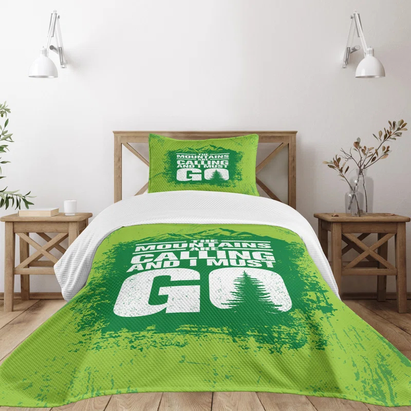 Ambesonne Ambesonne Adventure Bedspread Grungy Mountains Text Lime Green Fern Green