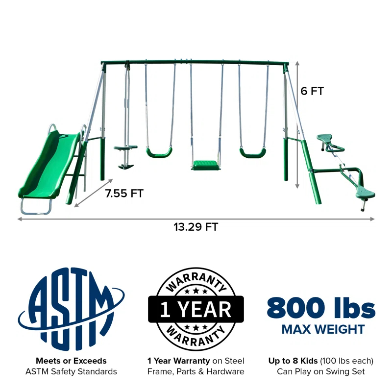 Sportspower Sportspower Park Ridge Metal Swing Set With 2 Swings, Standing Swing, 2 Person Roman Glider Swing, Teeter Totter And 5' Slide, Bonus Anchor Kit Included