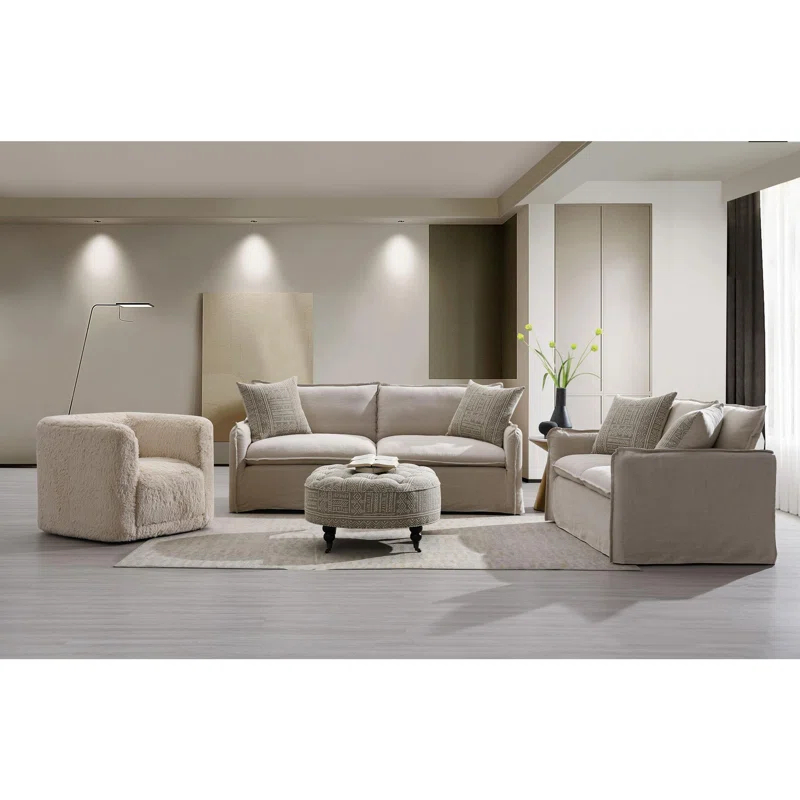 Ebern Designs Upendo Pattern Fabric, Beige Yakety Yak Sand & Beige Linen 3PCS Living Room Set