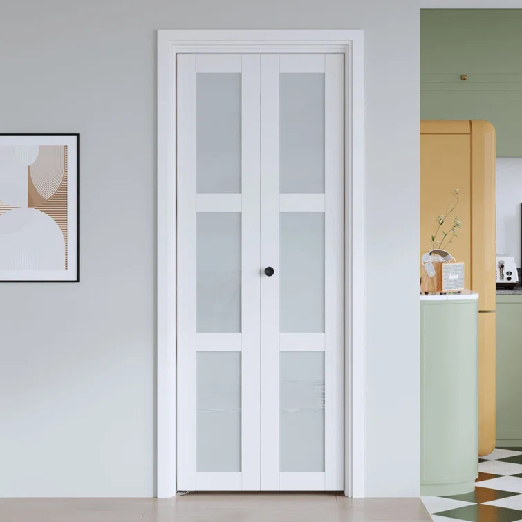 EASELIFE Frosted Glass And Solid Manufactured Wood Bi-Fold Door With Installation Hardware Kit