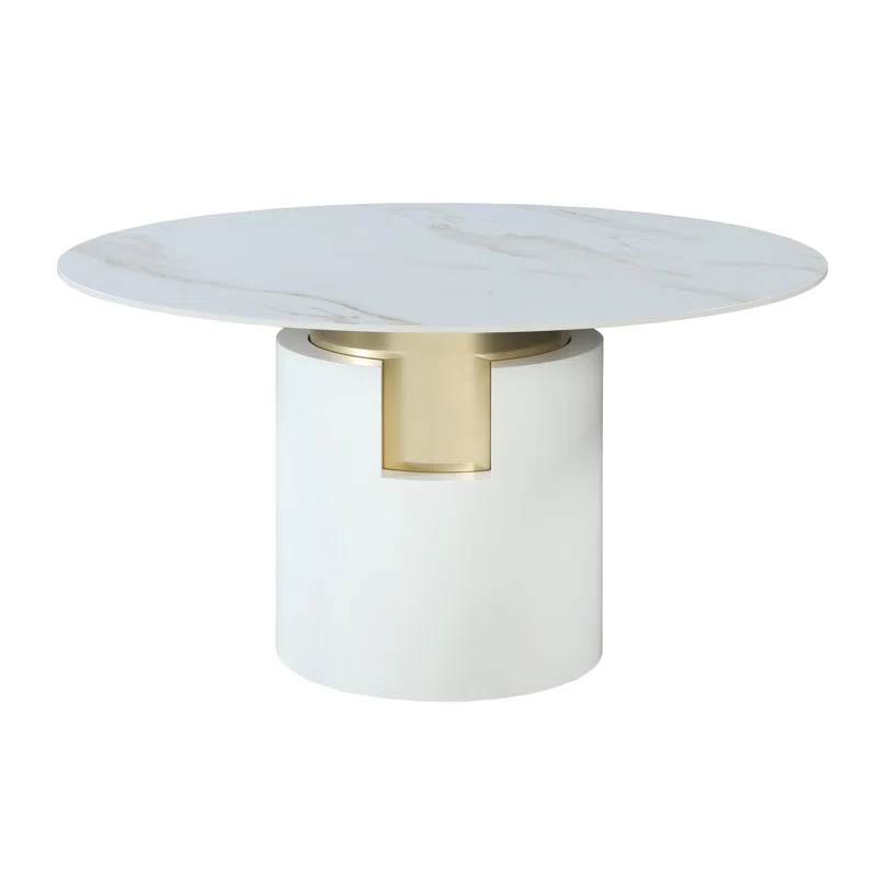 Chintaly Imports Marbleized Sintered Stone Top Table w/ Cylinder Base & Golden Accent