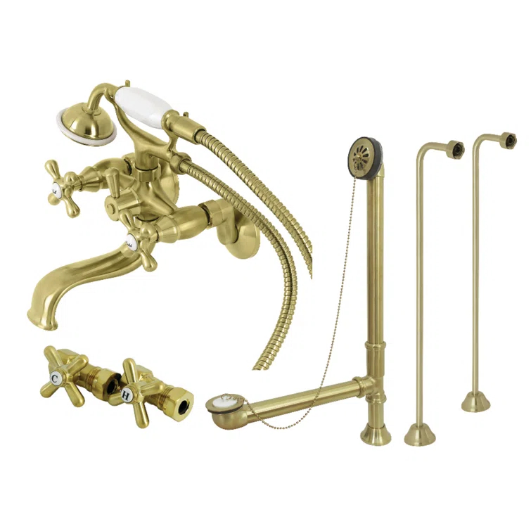 Kingston Brass Kingston Brass Vintage Three-Handle 2-Hole Tub Wall Mount Clawfoot Tub Faucet Package with Supply Line, Hand Shower and Tub Drain CCK225SN