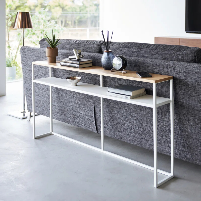 Yamazaki Home Tower Long Console Table For Entryway Or Hallways, Narrow Behind Sofa Table With Wooden Top And Metal Shelf - Shelf, 26" - Steel