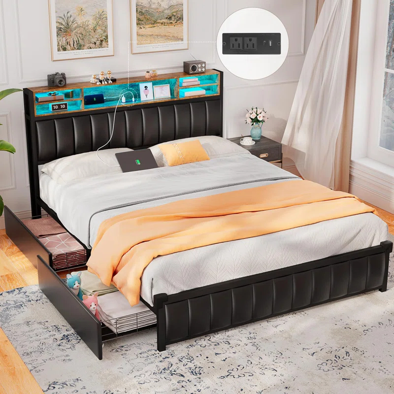 Ivy Bronx Kanchi Upholstered Metal Platform LED Bed Frame with 4 Storage Drawers and Bookcase Headboard, Black