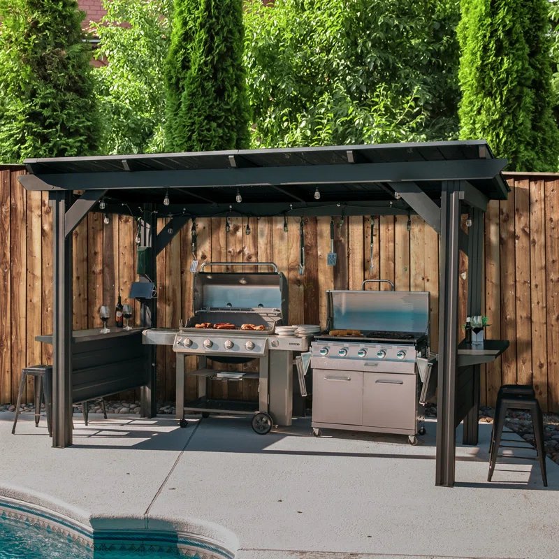 Backyard Discovery Backyard Discovery Rockport XL 12' x 6' Galvanized Steel Hardtop BBQ Grill Gazebo with Bar Tops and PowerPort