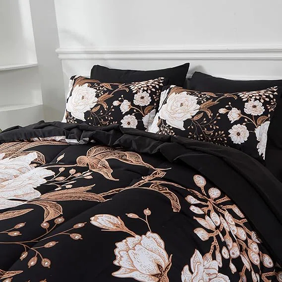 DANTUL 7 Piece Bed In A Bag Queen Comforter Set Botanical Floral Bedding Set,White Flowers Leaves Printed On Black Reversible Design,Soft Microfiber Comforter With Sheet Set,All Season