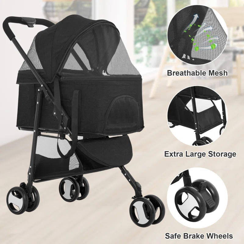 Foldable Pet Stroller with Detachable Carrier