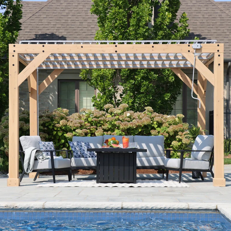 Yardistry 10' x 12' Meridian Louvered Pergola  Premium Cedar Wood Structure with Adjustable Aluminum Louvers and Built-In Gutter System for Outdoor Shade and Rain Protection