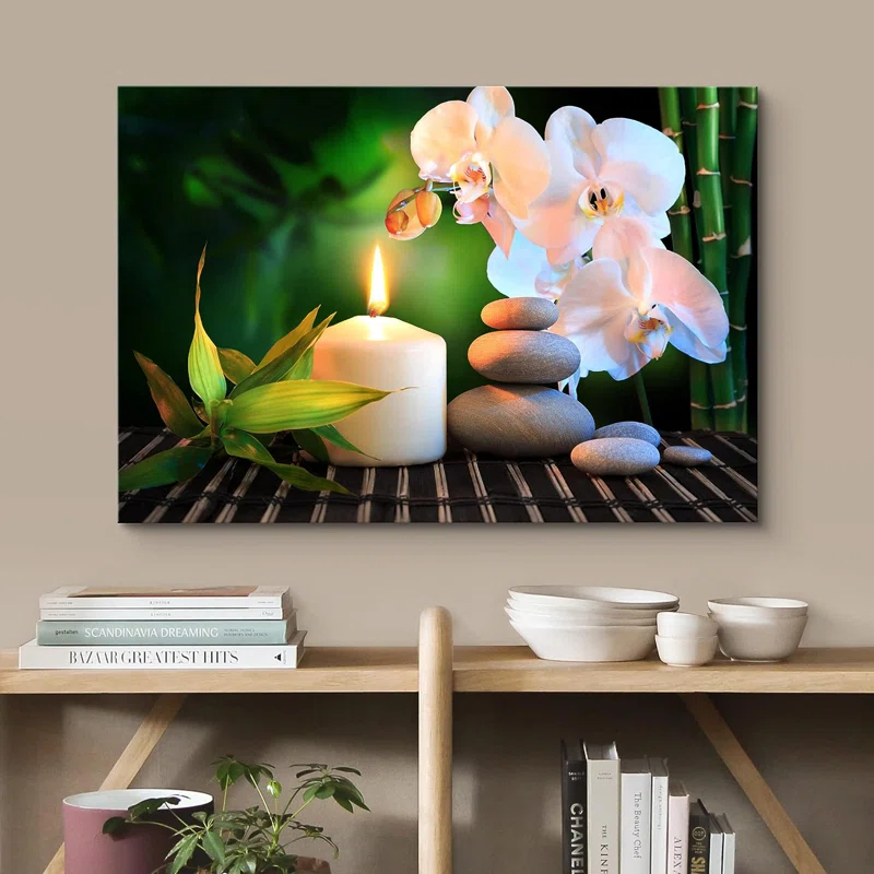 IDEA4WALL Zen Stones Relaxing Candle White Orchid Massage Stone Bamboo Forest Nature Yoga On Canvas Print