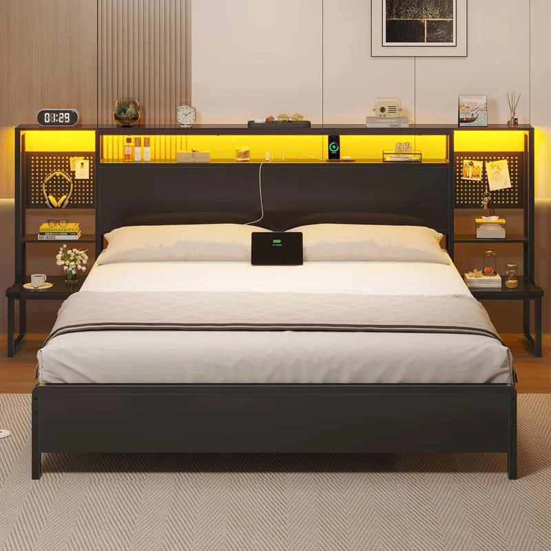 Ivy Bronx Bed Frame With Storage Headboard & Power Outlet, Metal Platform Bed With Led Lights, No Box Spring Needed, Strong Metal Slats, Noise-free, Industril Black