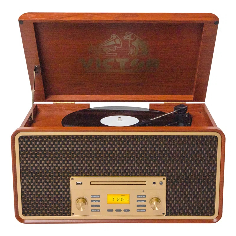 Victor 8-in-1 Wood Music Center with Bluetooth Vinyl Record Player