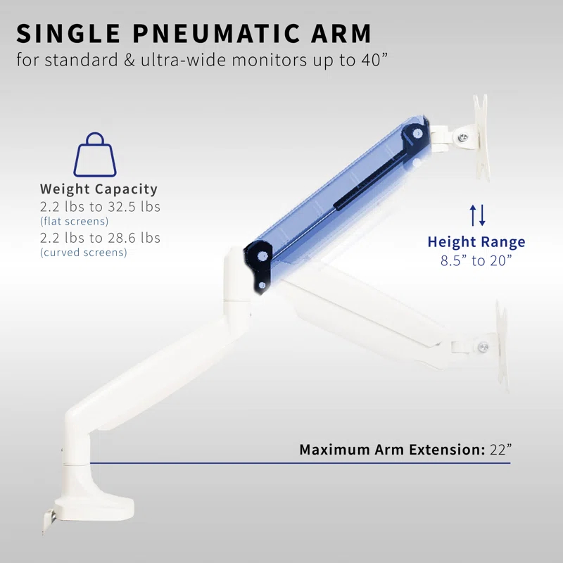 Vivo White Pneumatic Arm Single Monitor Desk Mount