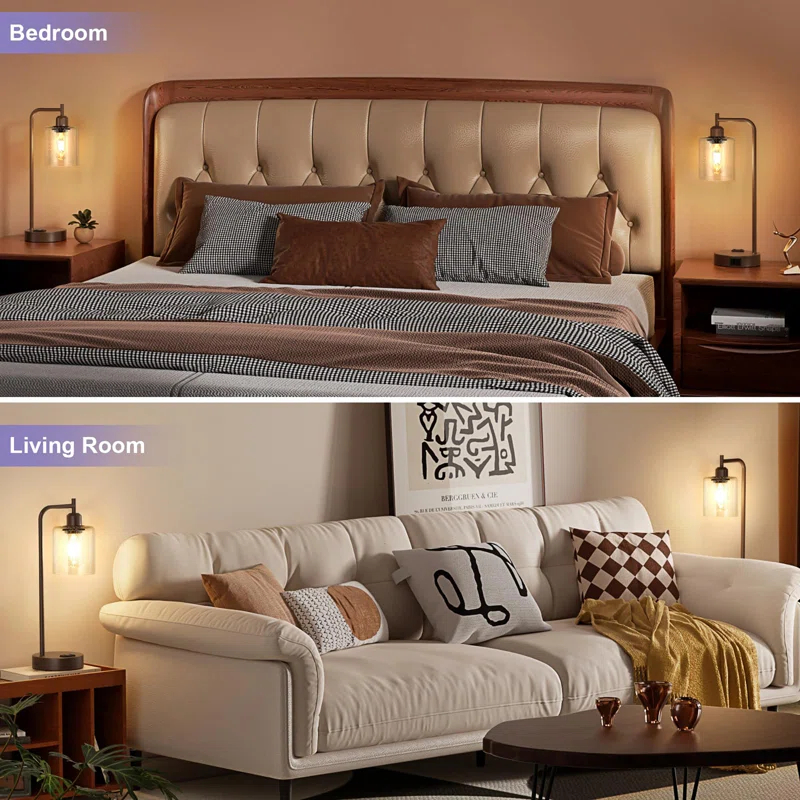 Latitude Run® Industrial Touch Table Lamps for Bedrooms Set of 2 - 3-Way Dimmable Nightstand Lamps with USB C+A Ports and Outlet, Bedside Lamps with Glass Shade for Living Room, Desk Lamps for Home Office