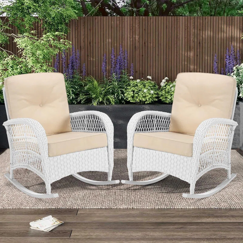 Beachcrest Home™ Beachcrest Home Outdoor Wicker Rocking Chairs Set Of 2, Rattan Patio Rocker Chairs With Thick Cushions And High Back, All-Weather Patio Wicker Chair With Safe Rocking Design For Garden, White Wicker