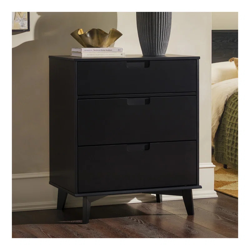 George Oliver Mid-Century Modern Solid Wood 3-Drawer Dresser – Black