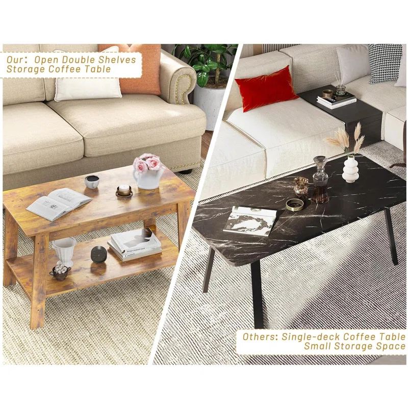 Winston Porter 2-Tier Coffee Table, Modern Farmhouse Coffee Table With Storage Shelf