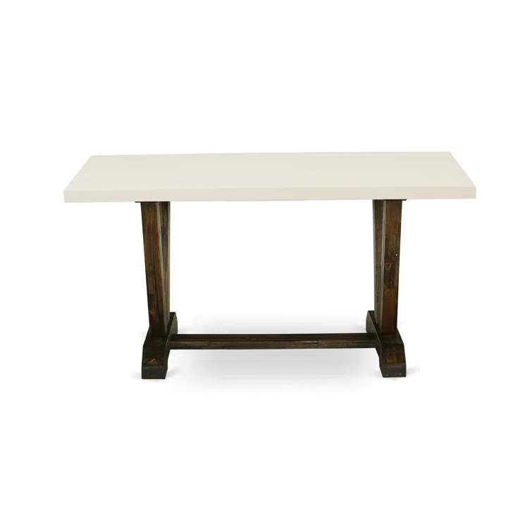 Red Barrel Studio® 7-Piece Dining Set Contains a Linen White (Off-White) Kitchen Table and 6 Light Sable Linen Fabric Kitchen Chairs - Distressed Jacobean Finish