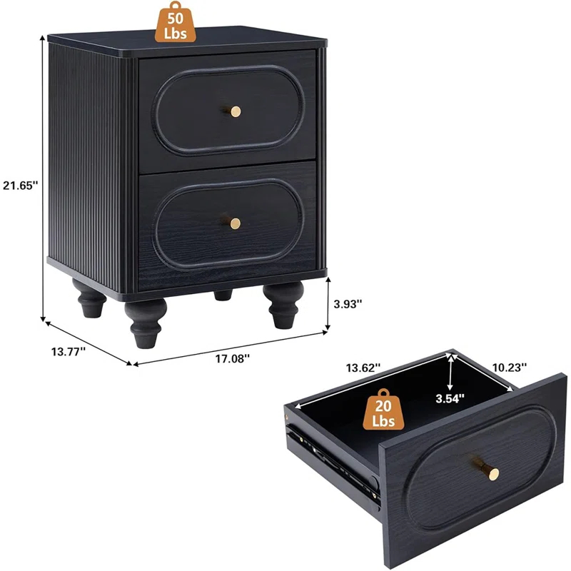 Canora Grey 2 Drawer Fluted Nightstand Set Of 2, Mid Century Modern Farmhous...