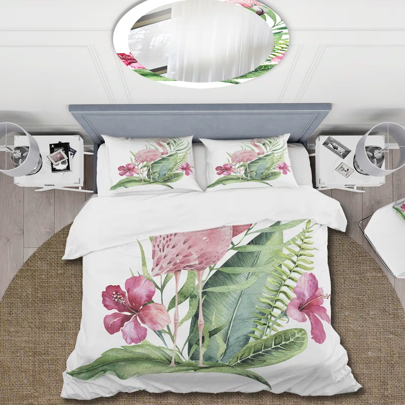 Design Art Flamingo With Exotic Foliage and Pink Flowers - Traditional Duvet Cover Set - Microfiber Polyester
