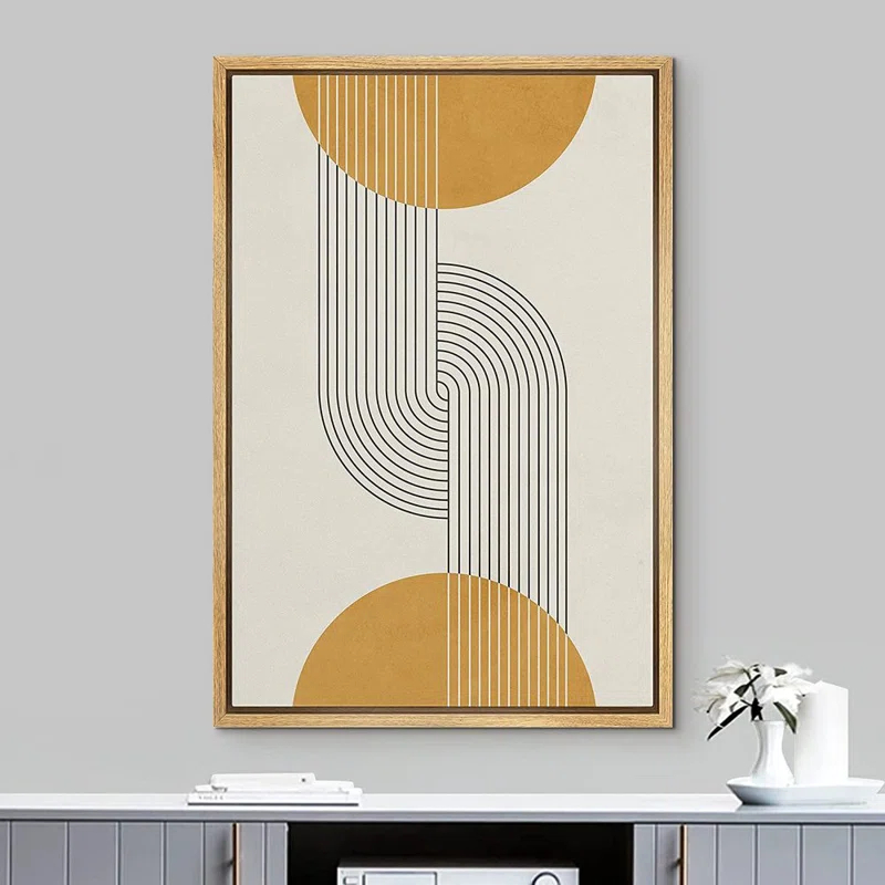 IDEA4WALL Mid Century Modern Boho Dark Line Art Illusions With Yellow Spheres - Graphic Art on Canvas