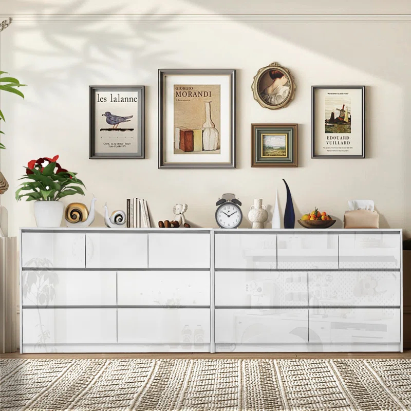 Ebern Designs White Dresser for Bedroom with 7 Drawers, Modern High Gloss Large Dresser with 7 Handle Free Drawers, 55 Inch Wooden Long Dresser, Storage Chest of Drawers
