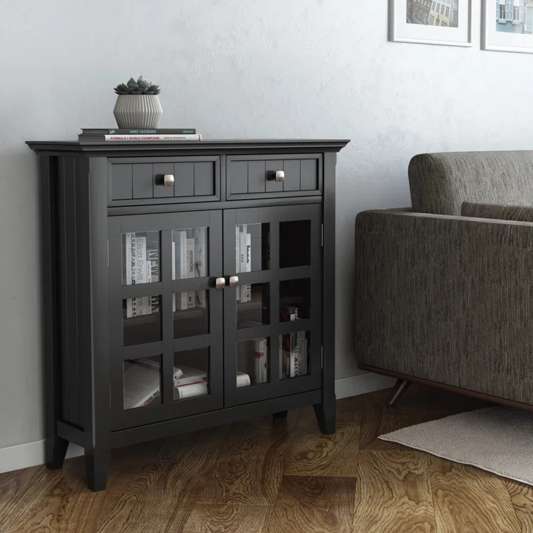 Simpli Home Acadian 36"W Solid Wood 2-Shelf Entryway Storage Cabinet with Glass Doors and 2 Drawers