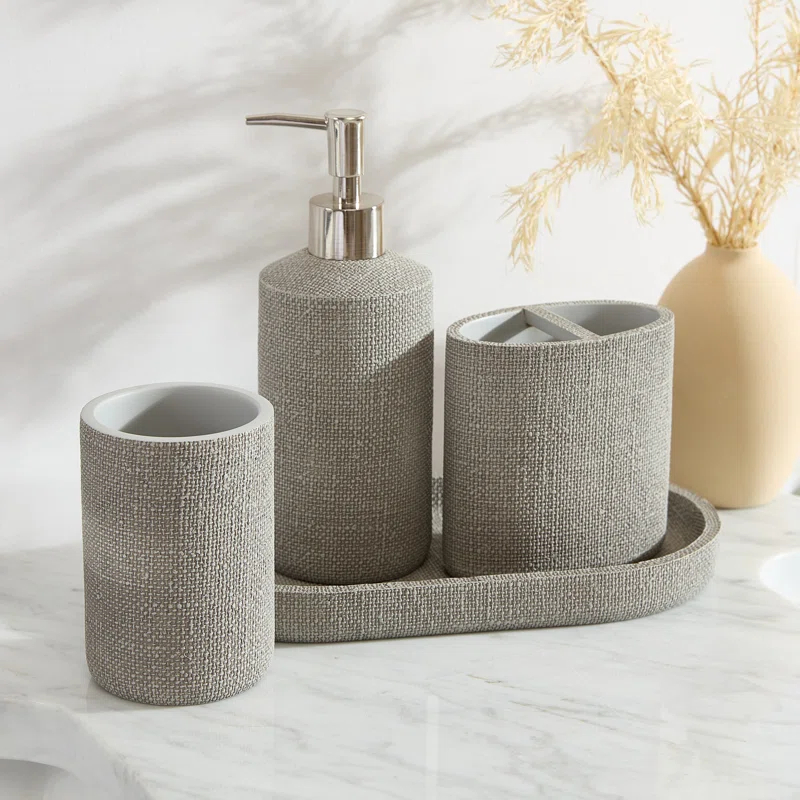 Tahari Astor 4-Piece Grey Textured Bathroom Accessory Set