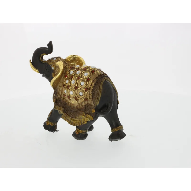 World Menagerie Alfhild Polystone Handmade Decorated Elephant Gold Sculpture with Ornate Dresswear and Pearl Accents Set
