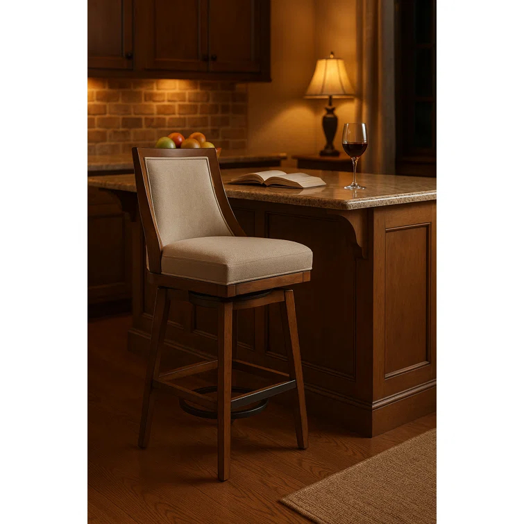 Alaterre Ellie Bar Height Stool, Back, Swivel Seat, Brown, Upholstered Padded Seat, Rubberwood Frame, Steel Memory Return Mechanism, Dimensions 19 in. W x 22 in. D x 46 in. H, Footrest, Metal Kick Plate