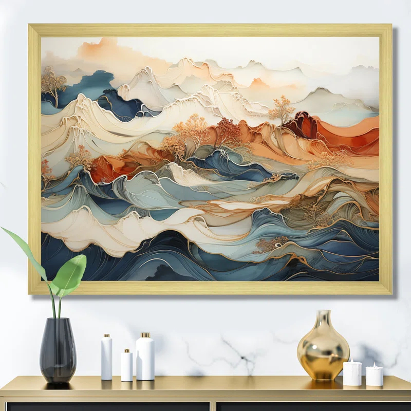 Design Art Abstract Orange And Blue River Ink III - Wall Art Print On Canvas