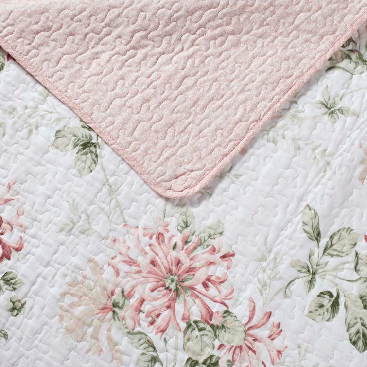 Laura Ashley Laura Ashley Honeysuckle Cotton Reversible Pink Quilt Set