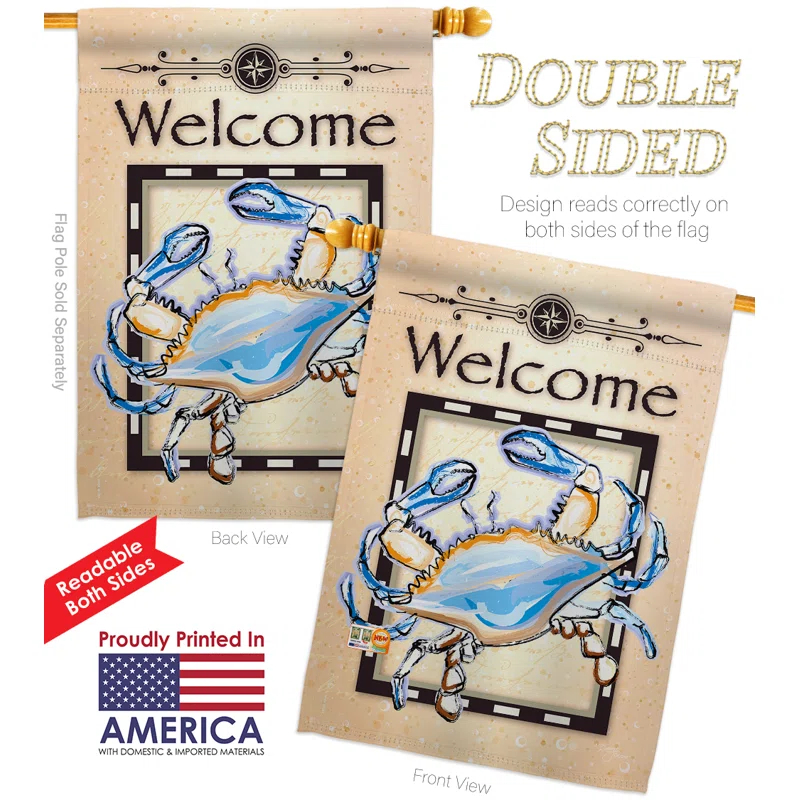 Breeze Decor BD-NA-HS-107028-IP-BO-D-US13-BD 28 x 40 in. Blue Crab Coastal Nautical Impressions Decorative Vertical Double Sided House Flag Set & Pole Bracket Hardware