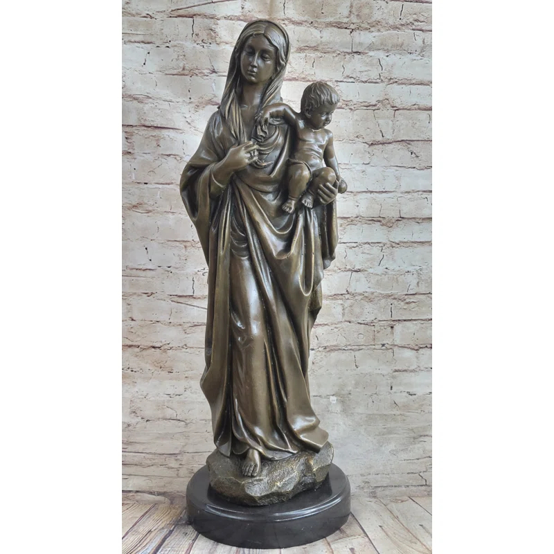 Bloomsbury Market Madonna Virgin Mary W/ Baby Jesus Bronze Statue Sculpture Figure 23 Inches X 8 Inches | Wayfair