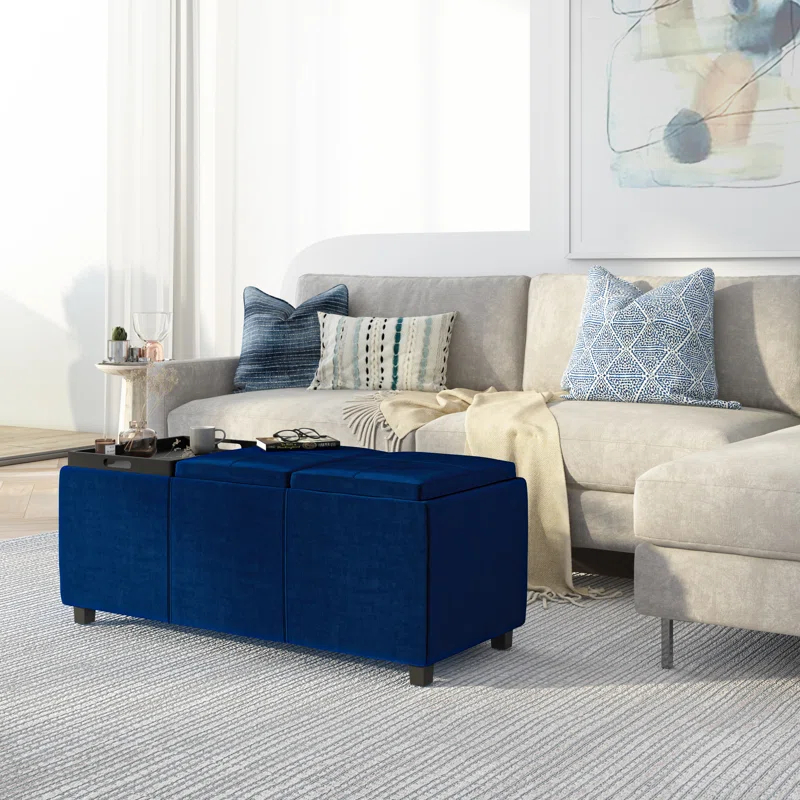 Simpli Home Avalon 42"W Upholstered Storage Ottoman with 3 Flip-Over Serving Trays