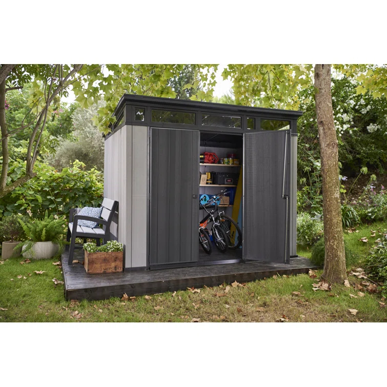 Keter Keter Artisan 9x7 ft. Modern Durable Resin Outdoor Storage Shed With Floor and Double Doors for Garden Patio Furniture and Tools, Grey